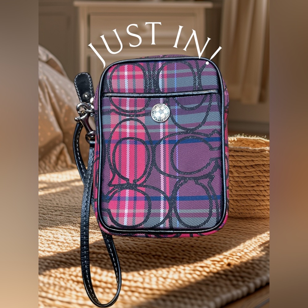 Coach Vibrant Pink and Purple Wristlet Pouch with Plaid Design